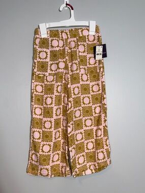Grayson Threads Pink and Olive Geometric Floral Wide-Leg Pants